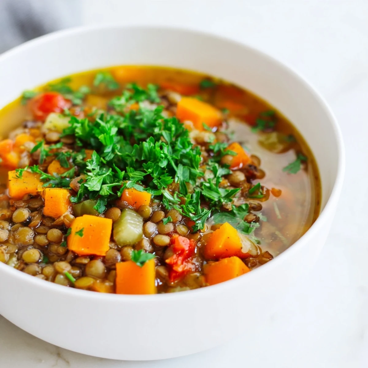 Steaming bowl of Lentil Soup with carrots and celery, garnished with fresh herbs, ready to serve.