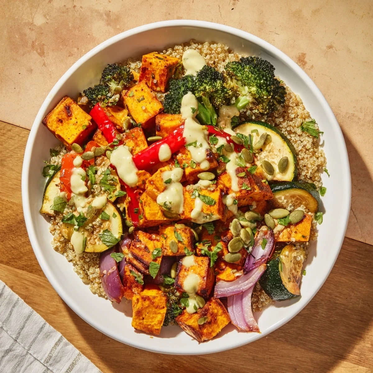 A colorful quinoa bowl with roasted veggies, drizzled with flavorful lemon-tahini dressing.