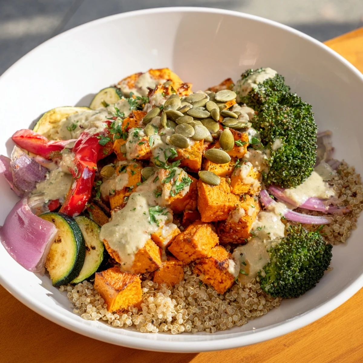 This vibrant image shows a delicious quinoa bowl with roasted veggies and a creamy tahini dressing.