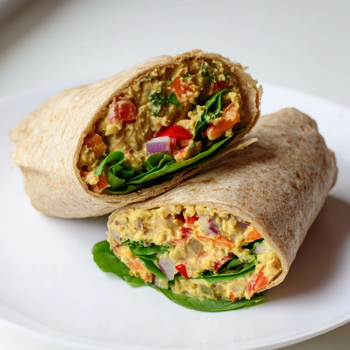 Creamy and flavorful chickpea salad filling a whole wheat wrap, perfect for a quick and healthy lunch.