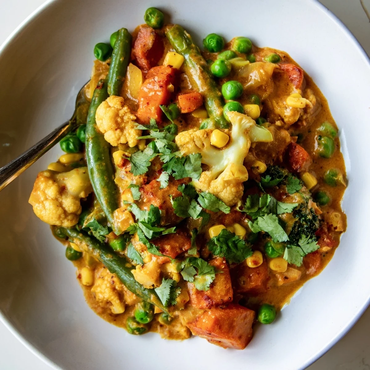 Creamy coconut milk coats tender vegetables in this aromatic veggie coconut curry, ready to serve.
