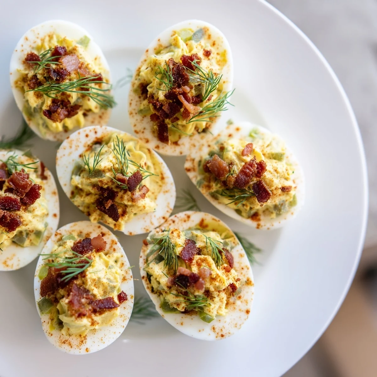 Creamy loaded deviled eggs, a classic appetizer, beautifully garnished and bursting with savory flavors.