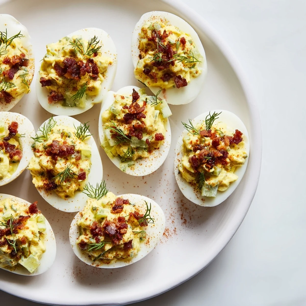Loaded deviled eggs with vibrant paprika, crispy bacon, and fresh dill ready to enjoy at a party.