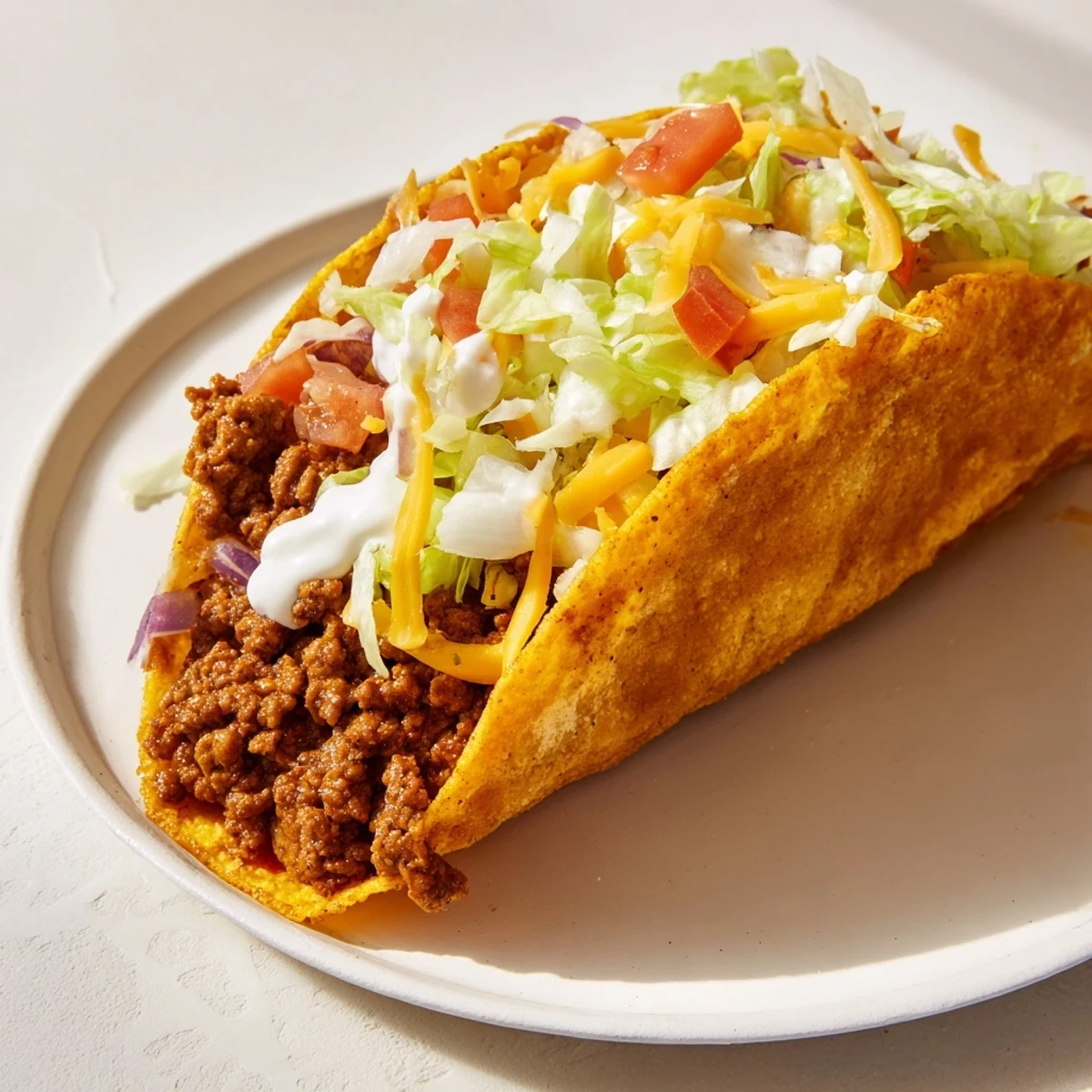 Mouthwatering Cheesy Gordita Crunch Tacos: a close-up of the delicious messy filling layered inside.