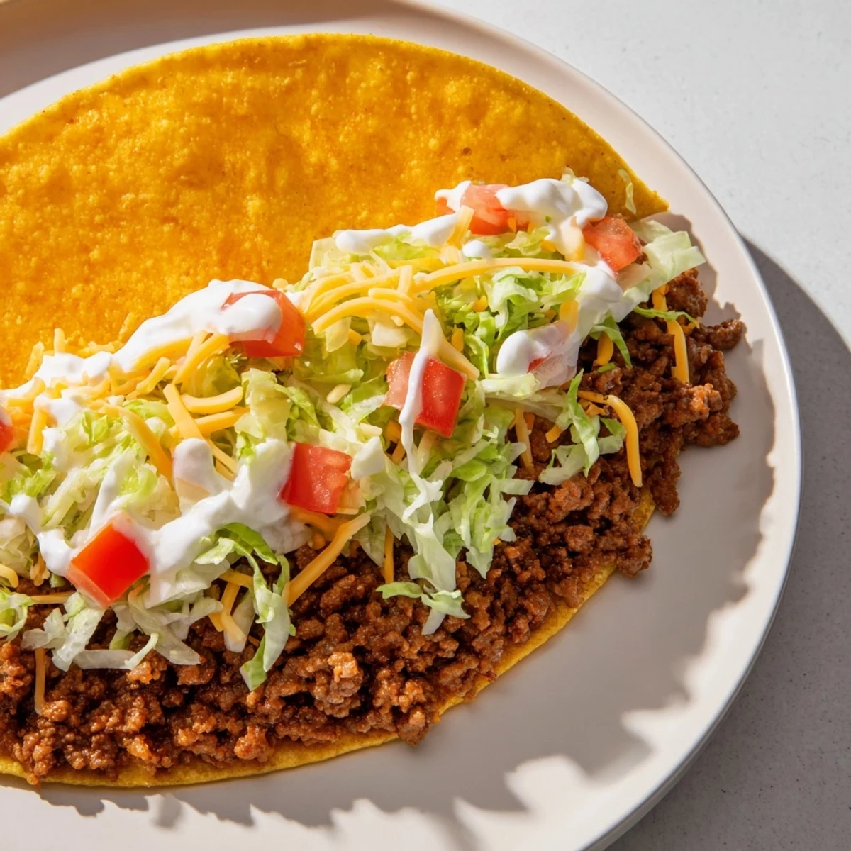 Golden-brown Cheesy Gordita Crunch Tacos, stacked and ready to eat with vibrant toppings overflowing.