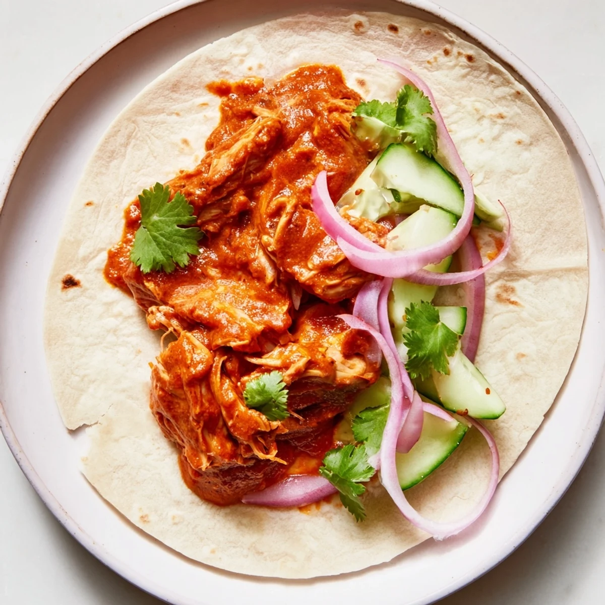 Tender chicken tikka masala tacos served with fresh cilantro and a lime wedge, ready to eat.