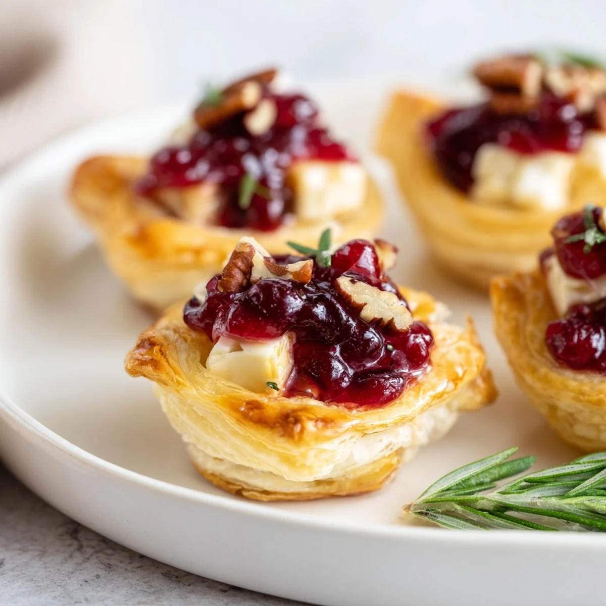 Warm, delicious Quick Cranberry Brie Bites showcase flaky pastry cups filled with gooey Brie and cranberry sauce.