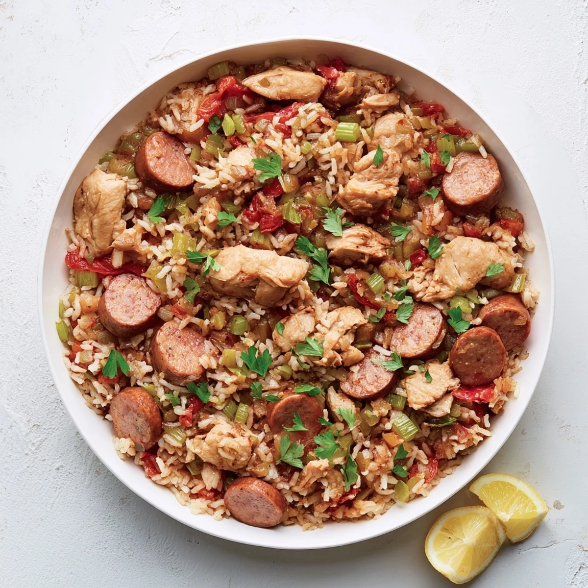 A close-up of a steaming Simple Chicken and Sausage Jambalaya Bake, garnished with parsley and ready to enjoy.