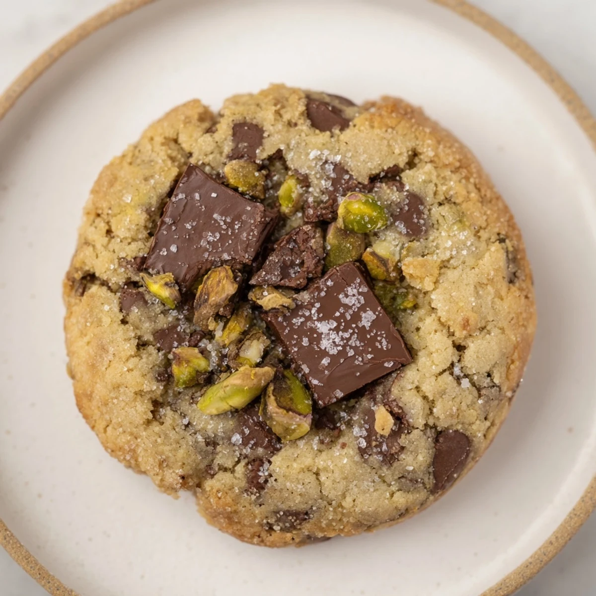 Golden, crisp Salted Pistachio Chocolate Chunk Shortbread, speckled with pistachios and dark chocolate, freshly baked.