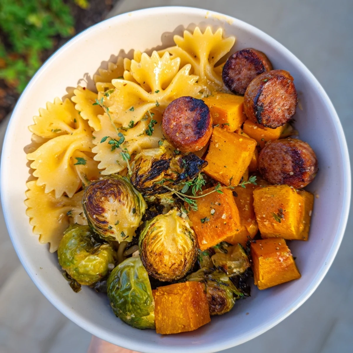 A rustic bowl of Autumn Sausage Pasta Squash with roasted vegetables and savory sausage.