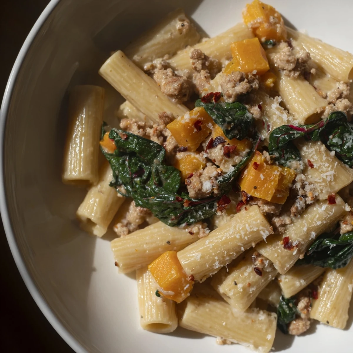 Creamy Rigatoni with Butternut Squash, a hearty pasta dish, perfectly plated with Parmesan garnish.