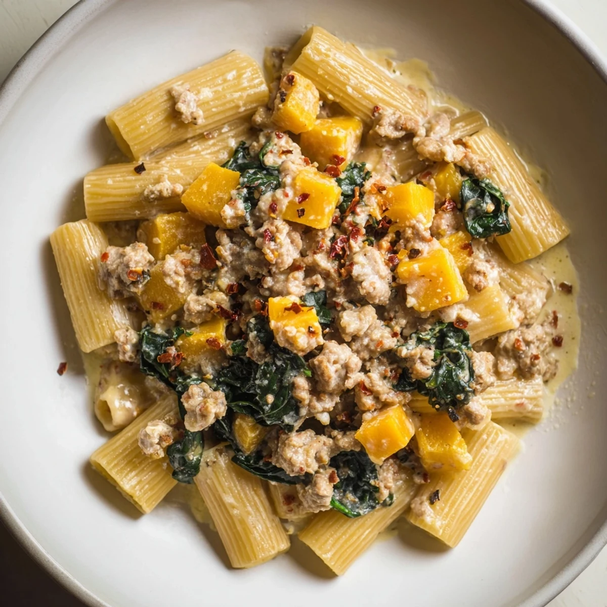 A close-up view of creamy, delicious rigatoni pasta with butternut squash, ready to enjoy.
