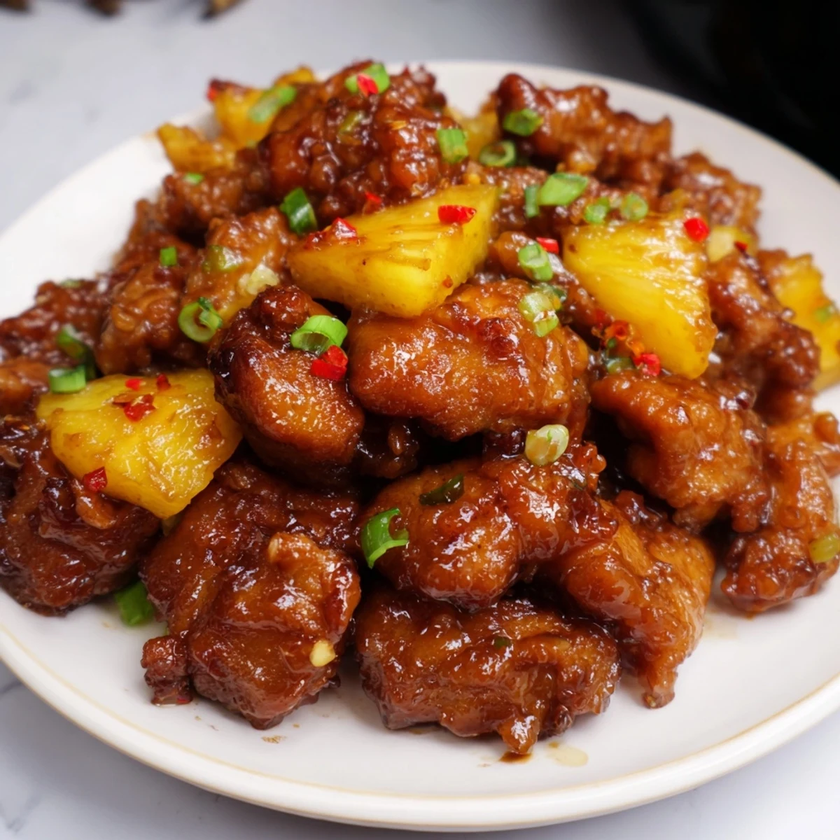 Juicy chunks of Brown Sugar Pineapple Chicken simmer in a thick, sweet and savory sauce, garnished green onions.