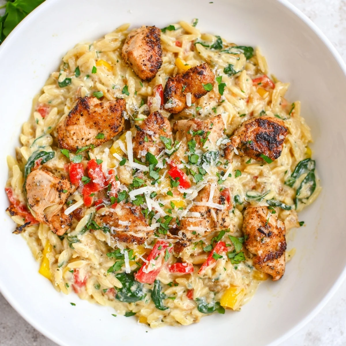 Tender chicken and spicy Cajun seasoning mingle in this vibrant meal of One-Pot Cajun Chicken Alfredo Orzo.