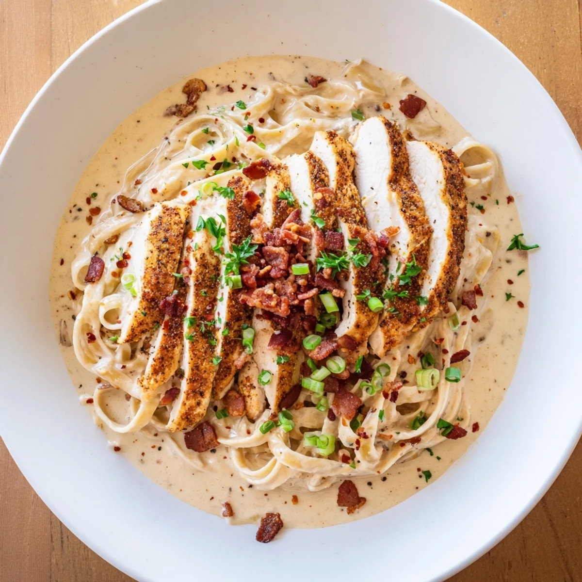 Golden, sliced Southern Style Creamy Parmesan Chicken Pasta rests atop creamy, glistening sauce, ready to serve.