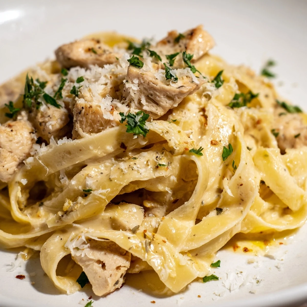 A close-up shot of Cowboy Butter Chicken Pasta, showcasing the creamy sauce and tender chicken pieces.