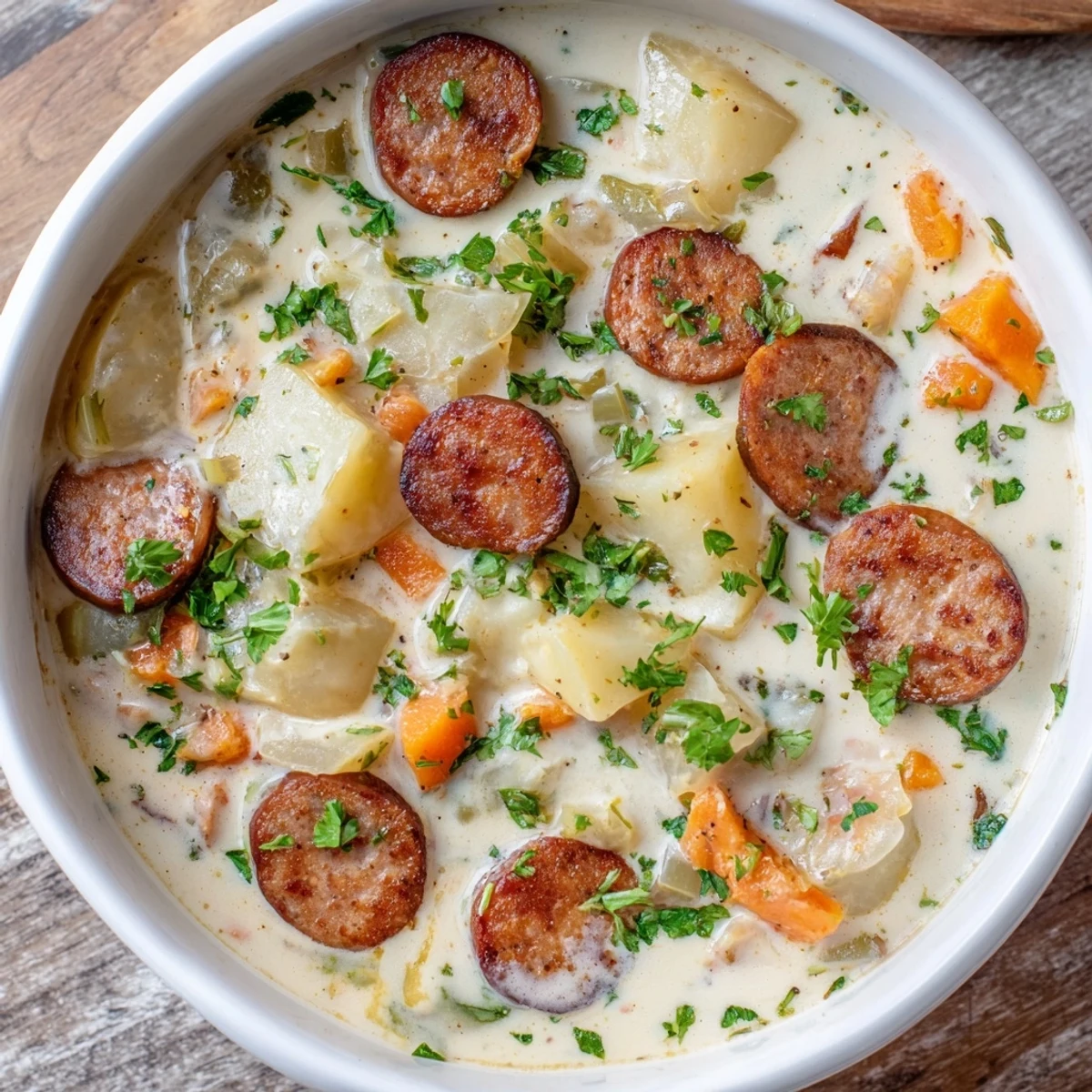 Creamy Chorizo Potato Soup with a swirl of cream and fresh parsley garnish in a bowl.