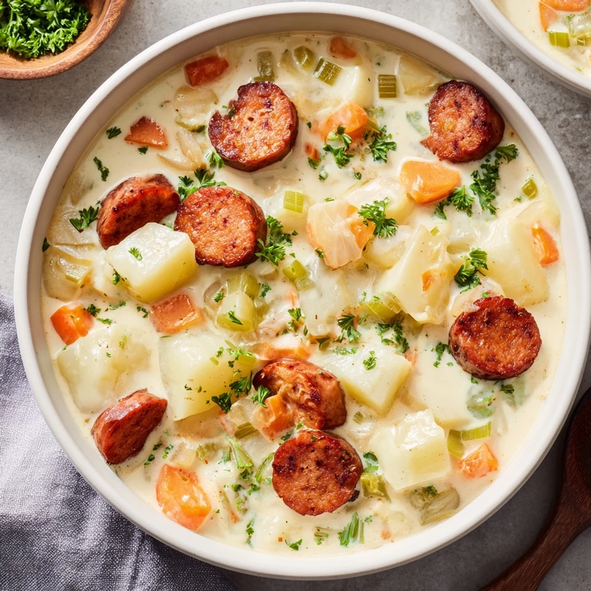 Hearty Creamy Chorizo Potato Soup boasting tender potatoes and spicy chorizo, perfect for a warming meal.