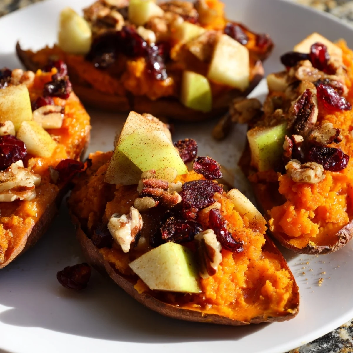 Warm and spiced cranberry apple twice-baked sweet potatoes, ready for enjoying a delicious harvest meal.