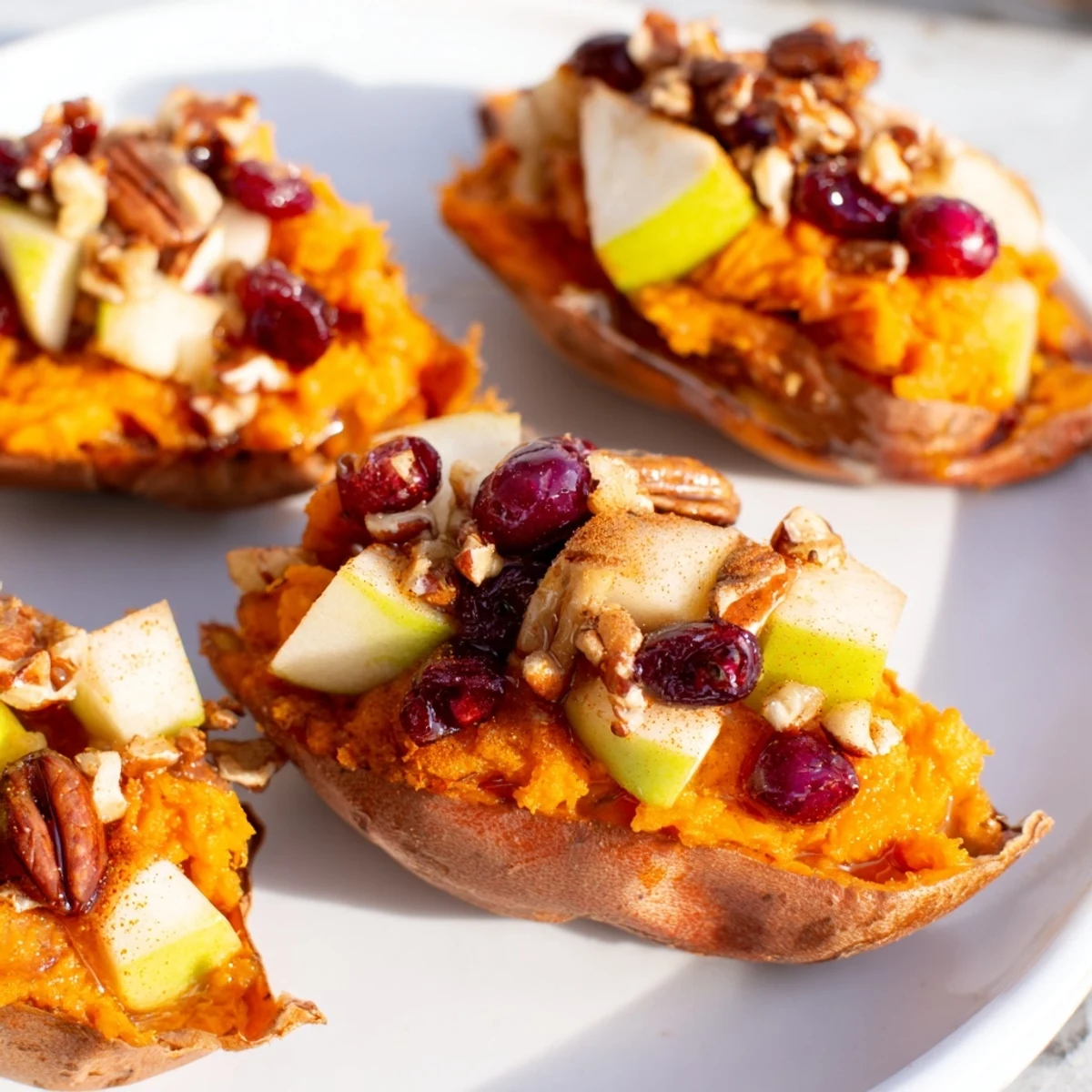 Golden-topped cranberry apple twice-baked sweet potatoes, showcasing the sweet and tart filling within potato skins.