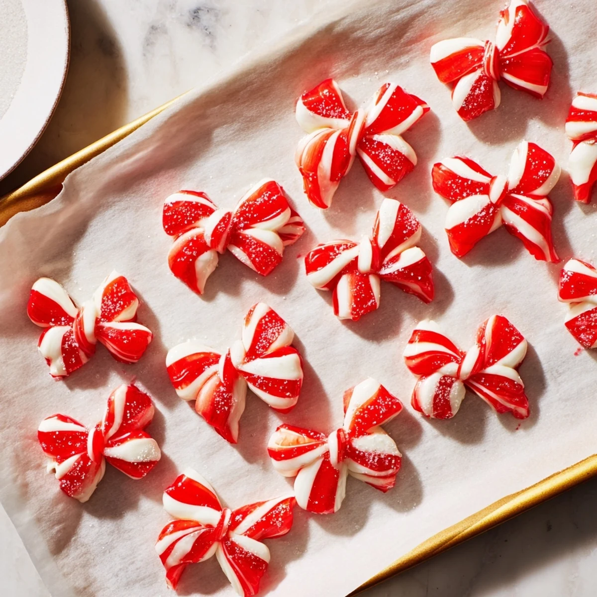Express Peppermint Candy Bows displayed, shimmery with edible glitter, ready to be enjoyed as a sweet treat.