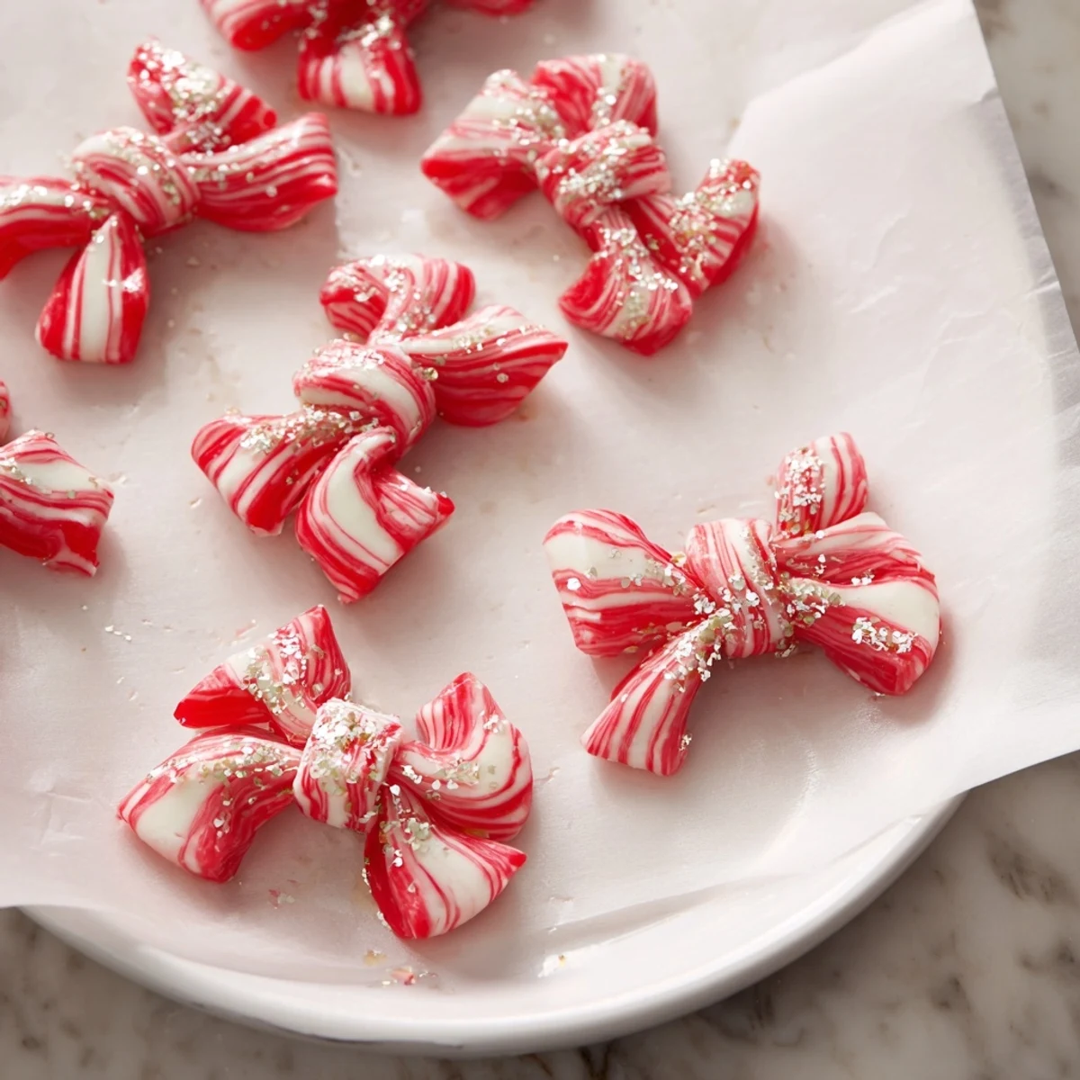 Close-up of freshly made Express Peppermint Candy Bows, a homemade candy perfect for gifting and decorating.