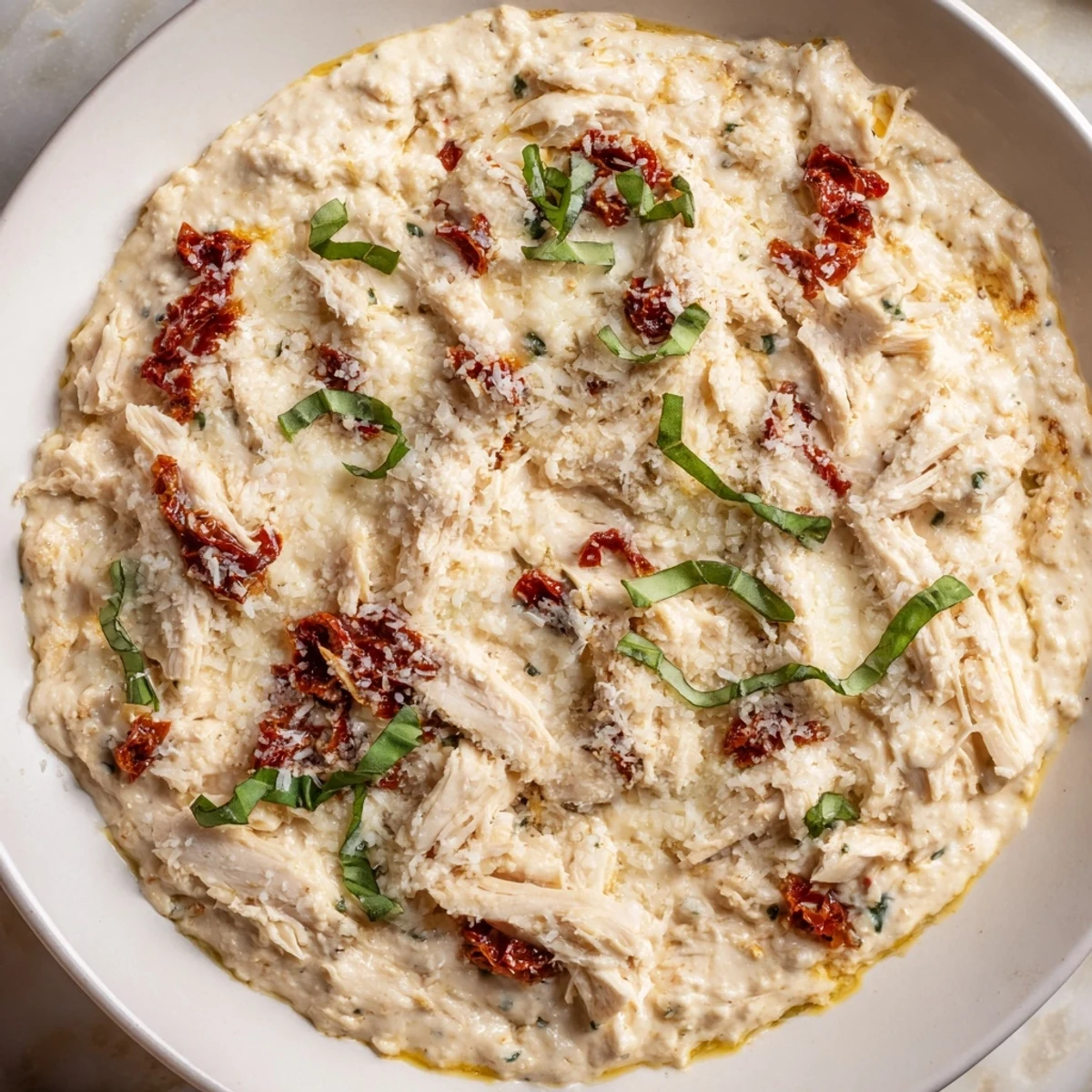 This easy, gluten-free Lightened Marry Me Chicken Dip features tender chicken and sun-dried tomatoes.