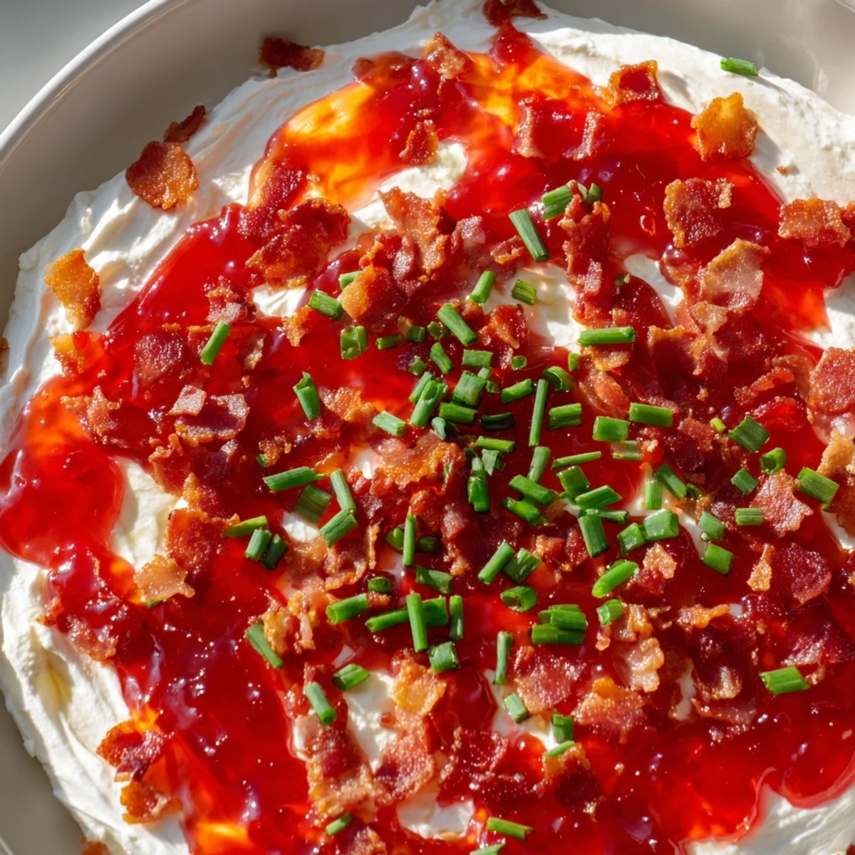 Golden, baked bacon atop a delicious Easy Bacon Pepper Jelly Appetizer, ready for serving.