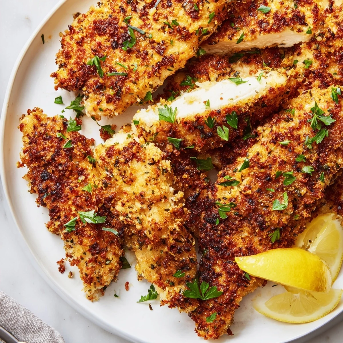 Golden, crispy Garlic Parmesan Chicken Tenders, served with fresh parsley and lemon wedges for a flavorful meal.