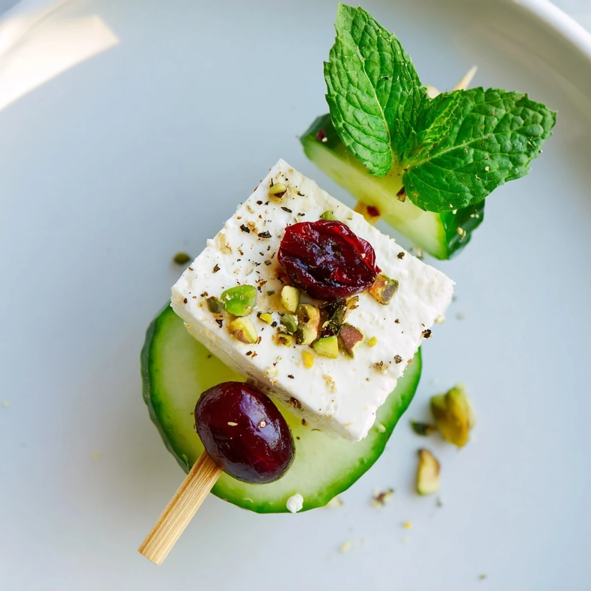 Fresh, colorful Holiday Cranberry-Feta Skewers, an easy appetizer with feta, cranberries, and mint.