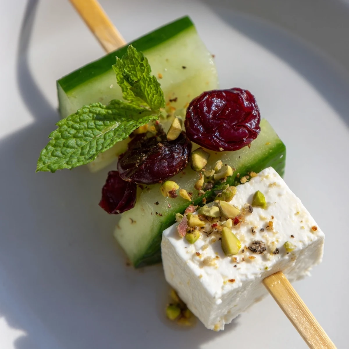 Appetizing close-up shows vibrant Holiday Cranberry-Feta Skewers, ready to serve at a holiday party.
