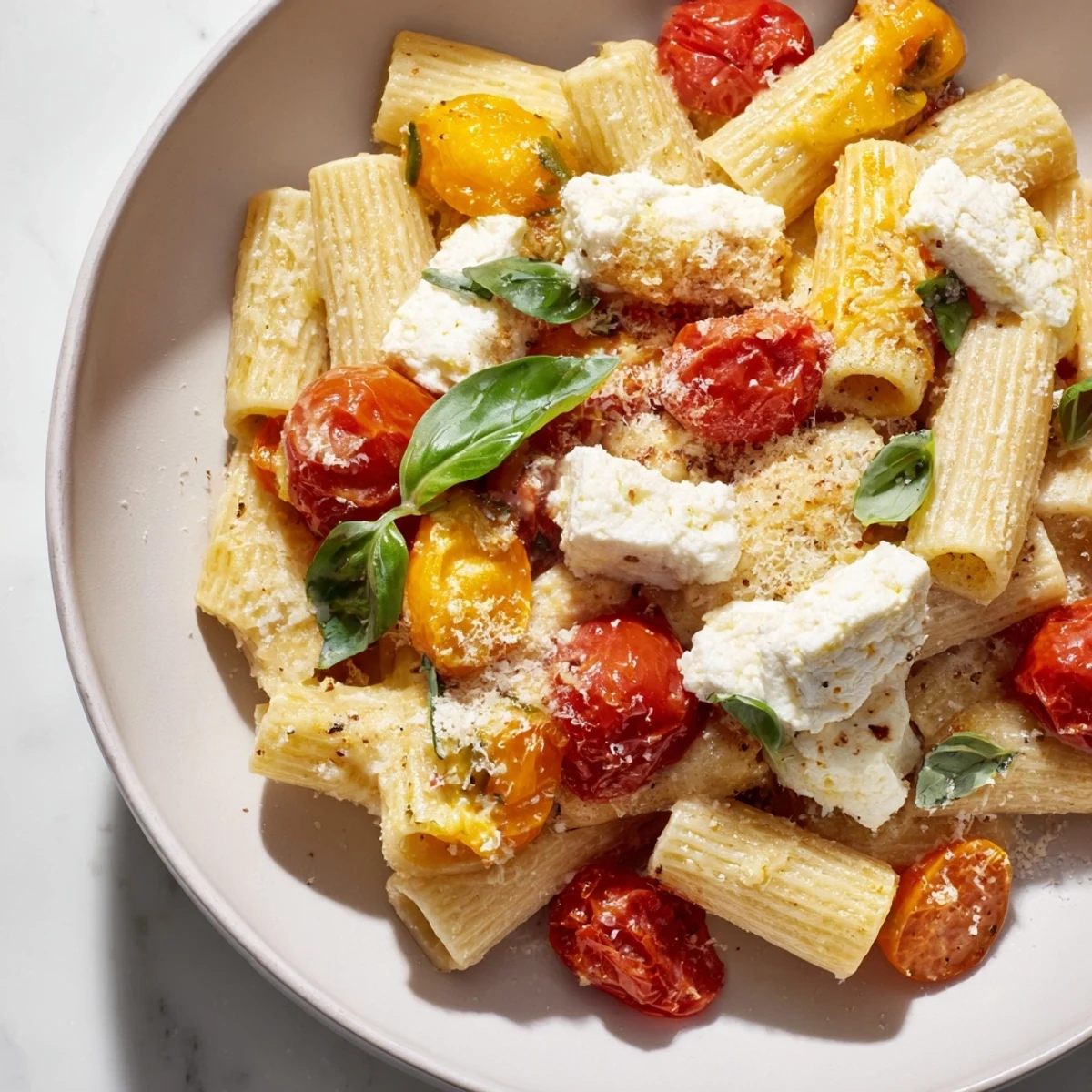 A bubbling baking dish overflowing with creamy Four-Cheese Baked Block Pasta, ready to serve and enjoy.