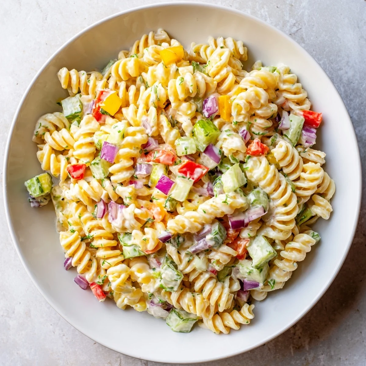 A colorful bowl of Dill Pickle Chopped Pasta Salad, perfect for a summer picnic.