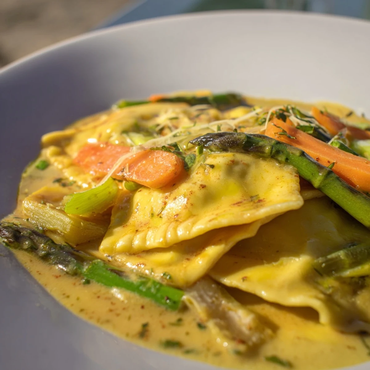 A close-up of a creamy Chicken Pot Pie Ravioli Bake with melted cheese, promising a warm, delicious dinner.
