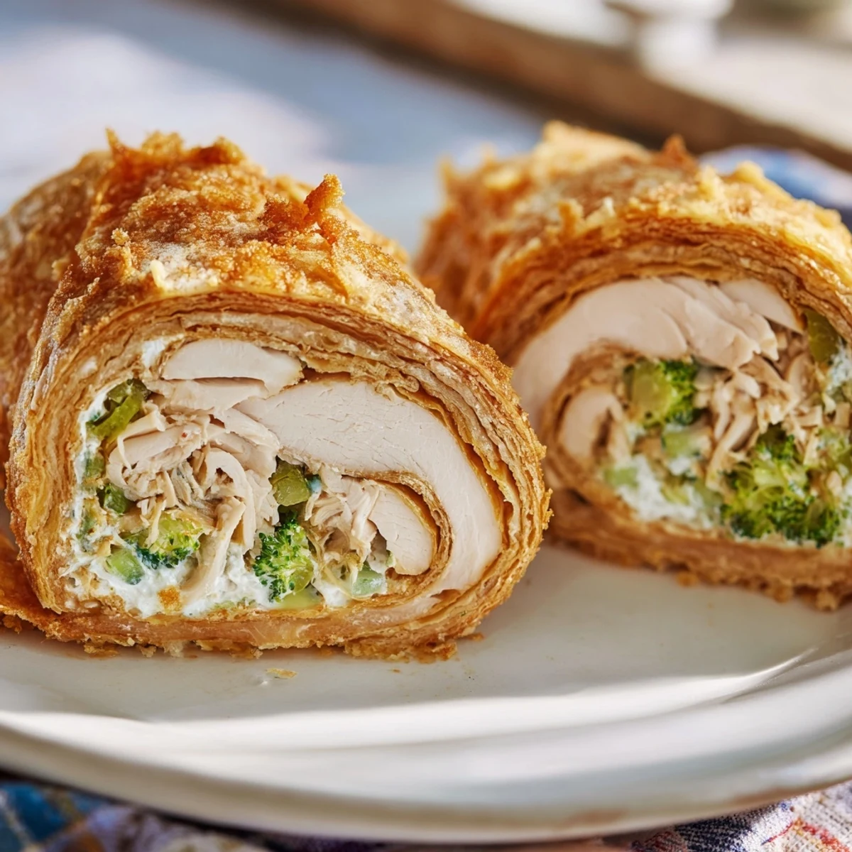 Close-up of a warm, perfectly browned Creamy Chicken and Broccoli Puff Pastry Roll, showing the delicious filling.