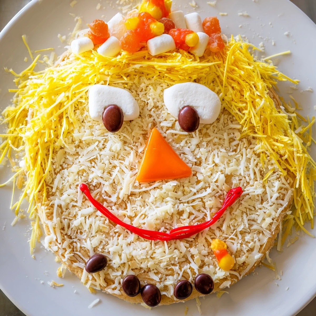 Festive autumn arrangement showcasing the delightful Scarecrow Candy Platter with candy corn accents.