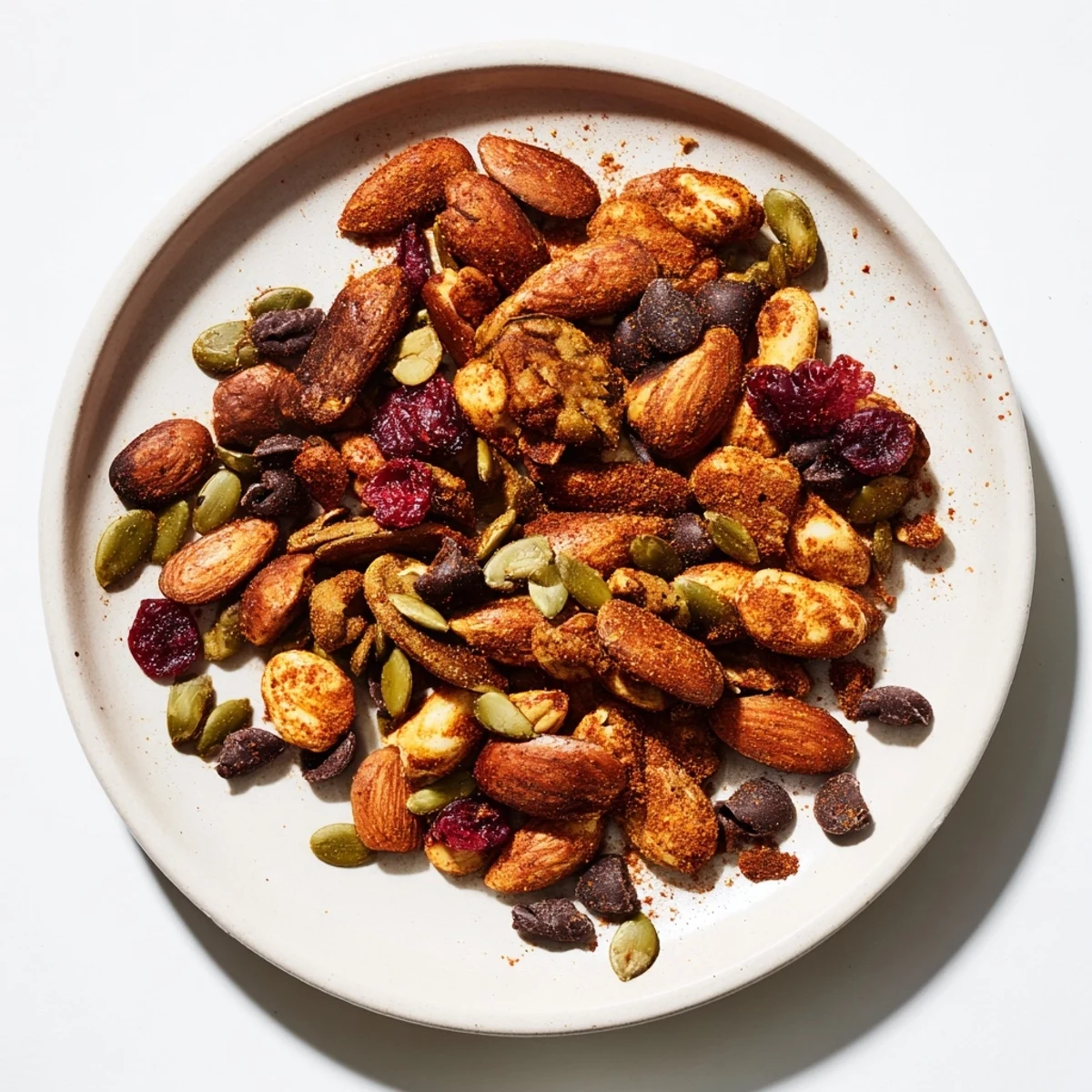 A close-up of a rustic, textured bowl filled with delicious Acorn & Oak Snack Mix.