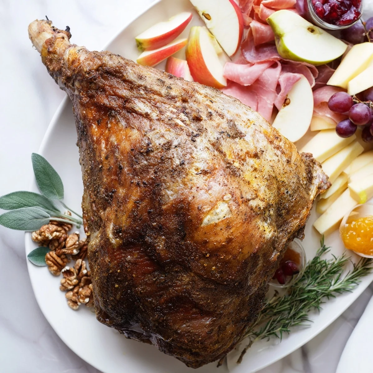 Delicious Thanksgiving Turkey Legs charcuterie arranged with vibrant fruits, cheeses, and crusty bread for serving.