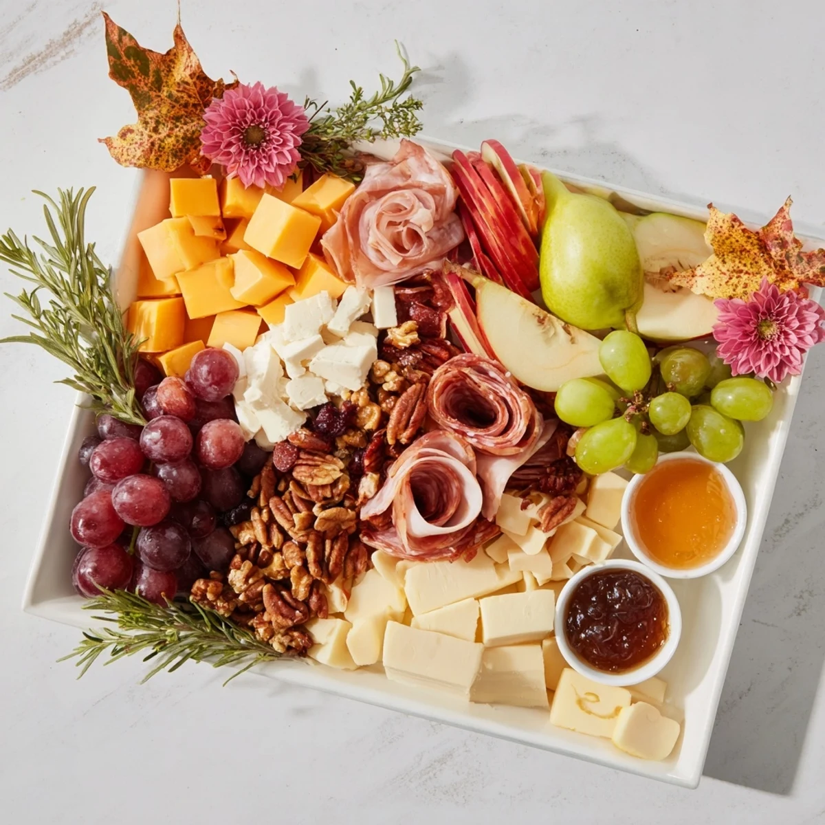 Artfully arranged Maple Leaf Grazing Tray, showcasing a colorful spread of cheeses, meats, and seasonal produce.