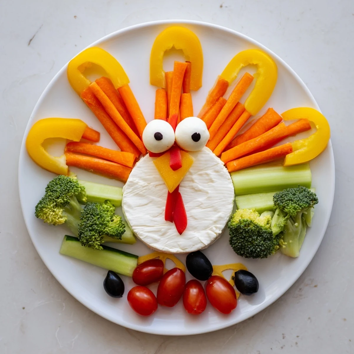 A colorful Turkey Shaped Appetizer Tray holds vibrant veggies and crackers ready to enjoy.