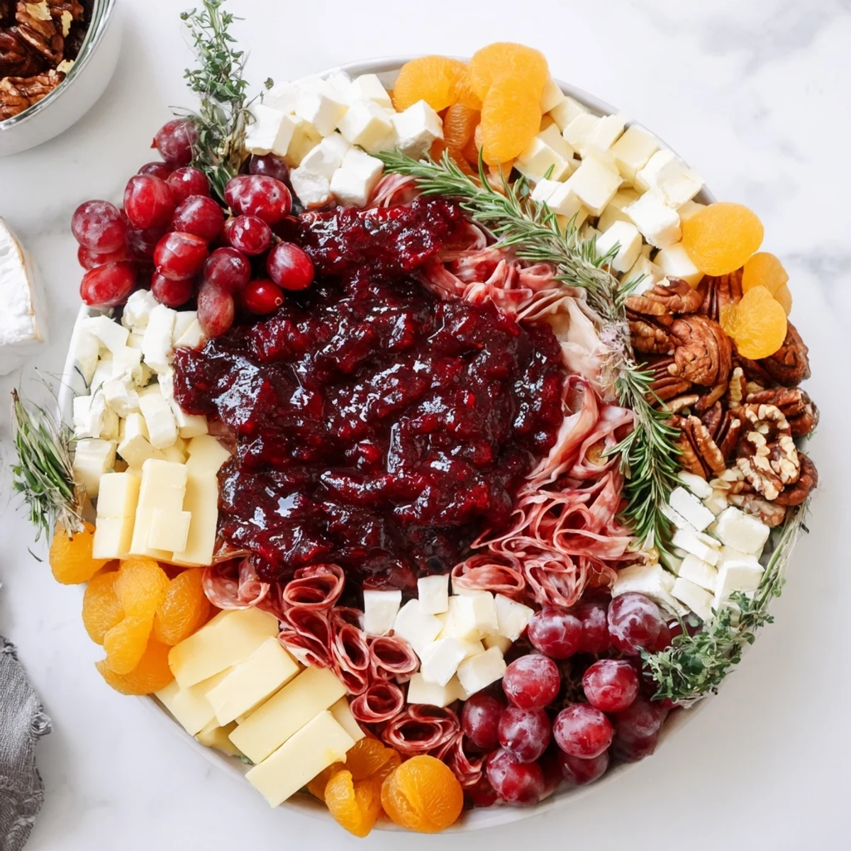 This Cranberry Wreath Platter features a beautiful arrangement of fruit, cheese, and crackers perfect for parties.