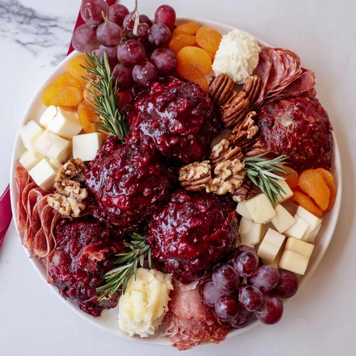 Bright red cranberry sauce dots a delicious Cranberry Wreath Platter beside savory salami and sharp cheddar cubes.