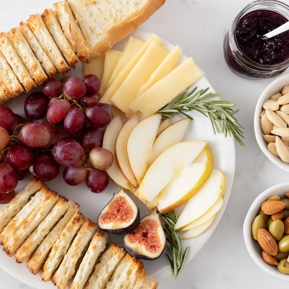 Artisanal cheeses and fresh fruits surround golden wheat crackers on this beautiful bundle board.