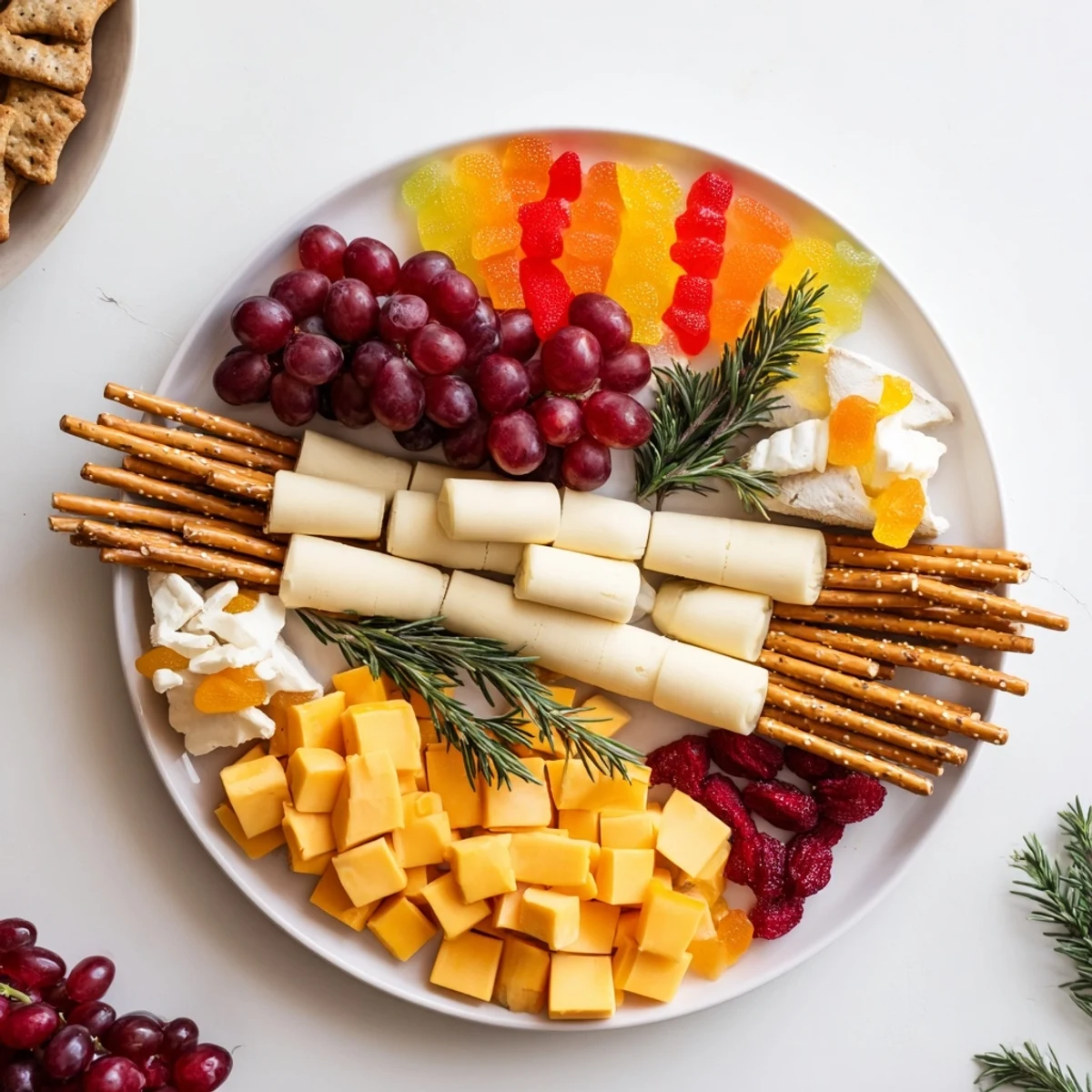 Smoked gouda and fresh fruit create a delicious Flickering Fire Log Snack Board, ready to serve.