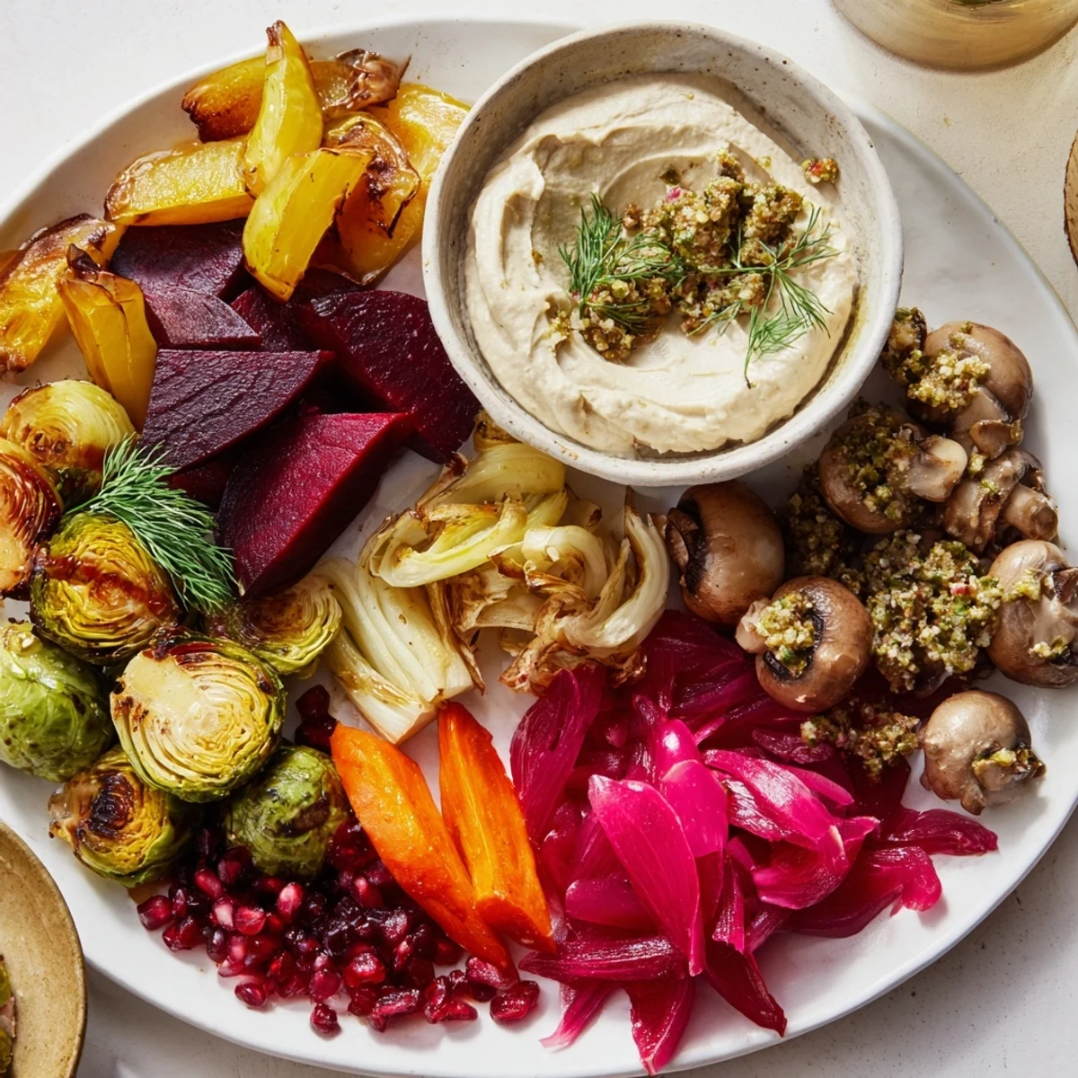 A beautifully arranged Pine Forest Winter Mezze Board, filled with colorful roasted vegetables and creamy labneh.