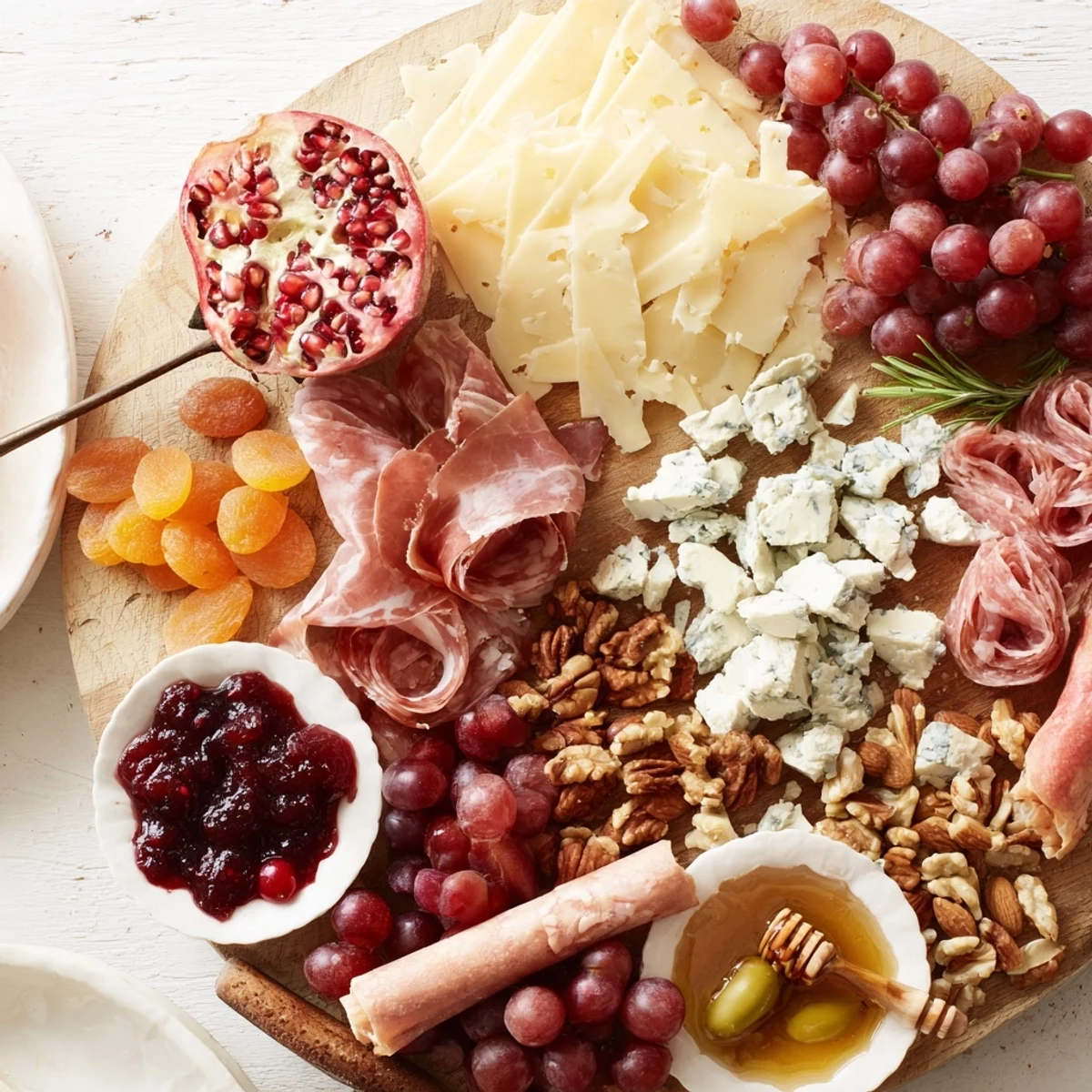 A Christmas 2025 festive grazing board overflowing with cheeses, meats, fruits, and crackers for the holidays.