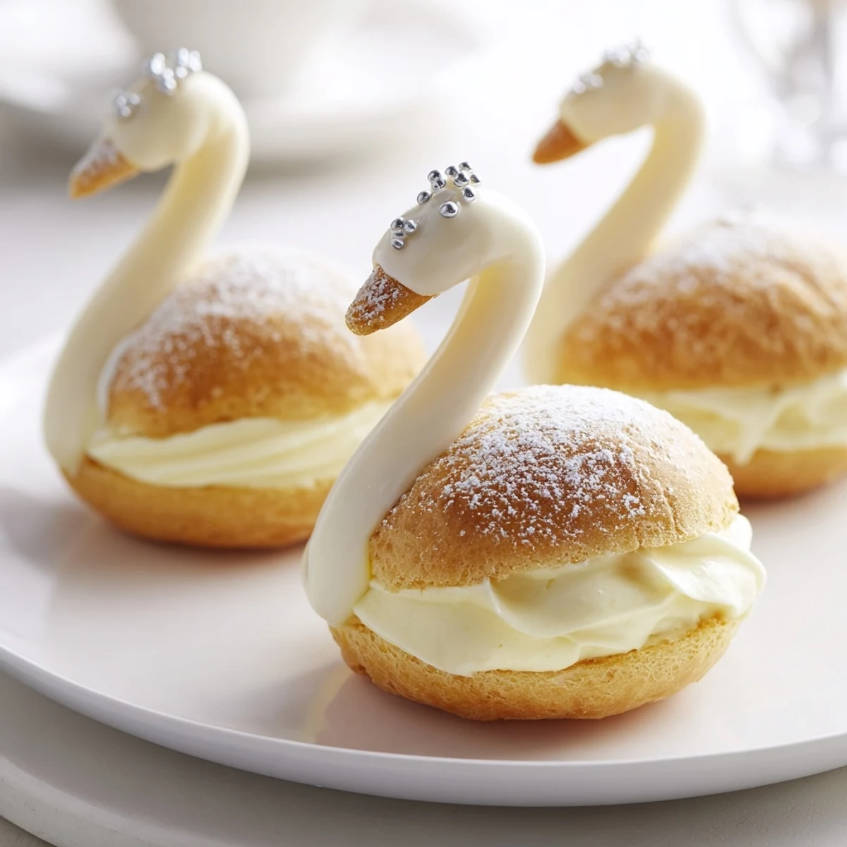 These stunning Elegant Swan Petit Fours showcase fluffy pastry filled with creamy vanilla for dessert.