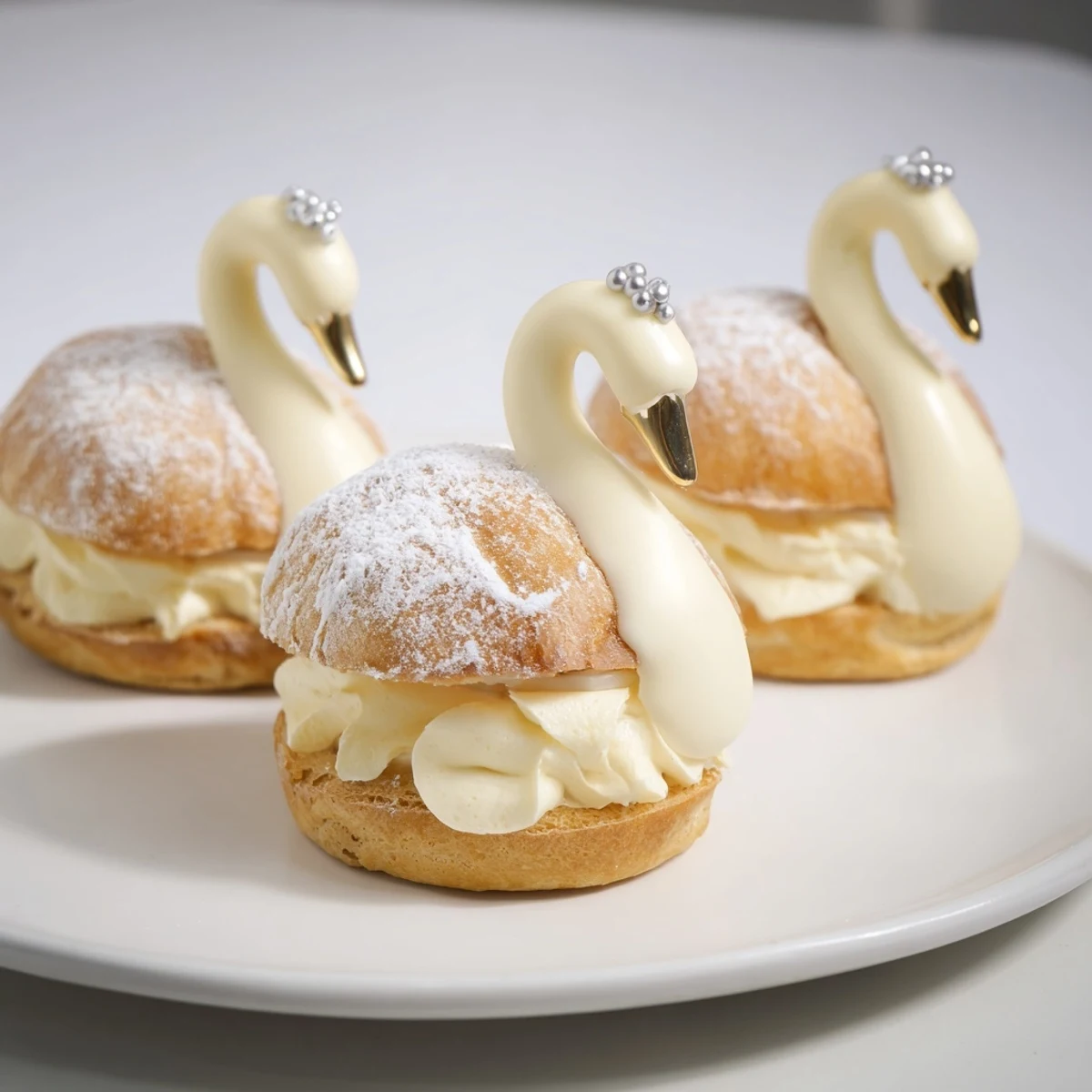 Delicate swan-shaped Elegant Swan Petit Fours, glazed and ready for serving at a sophisticated afternoon tea.