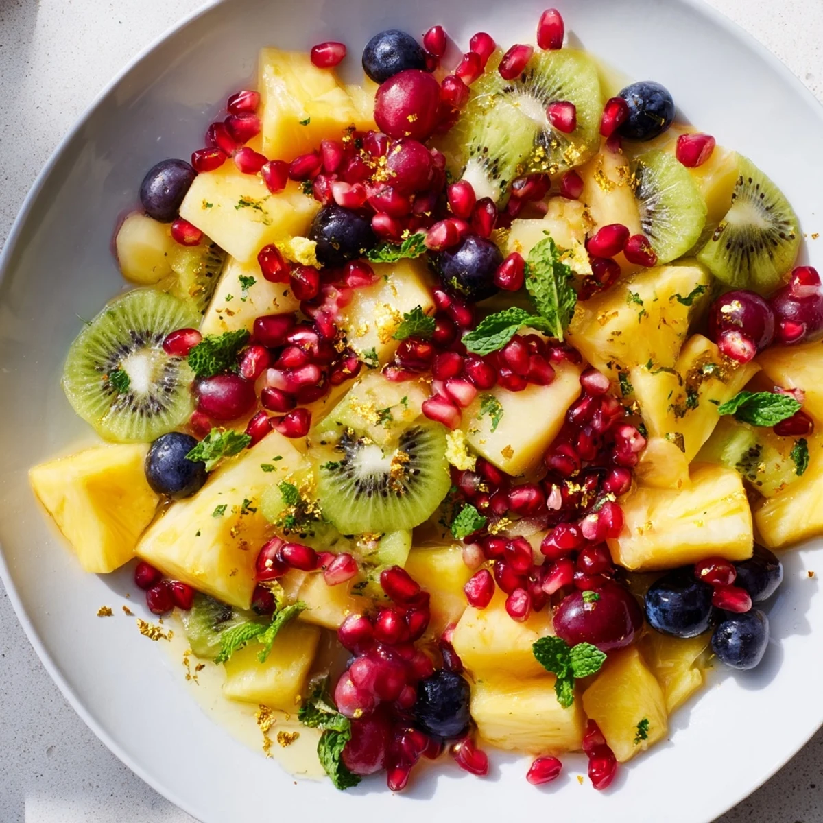 A delicious Three Kings Royal Fruit Platter overflowing with juicy mangoes, grapes, and pomegranate seeds.