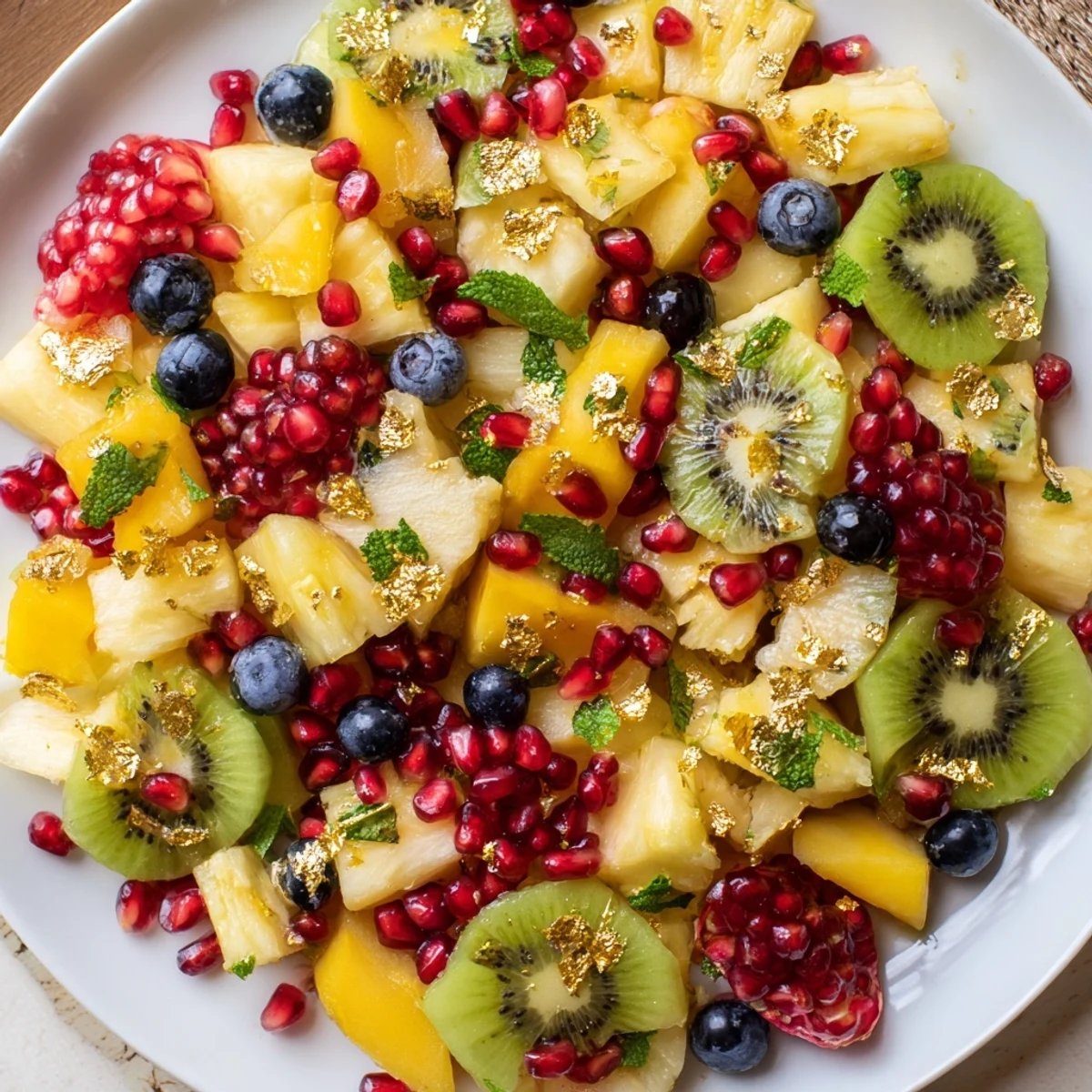 Bright, colorful Three Kings Royal Fruit Platter with glistening honey-lime dressing and fresh mint.